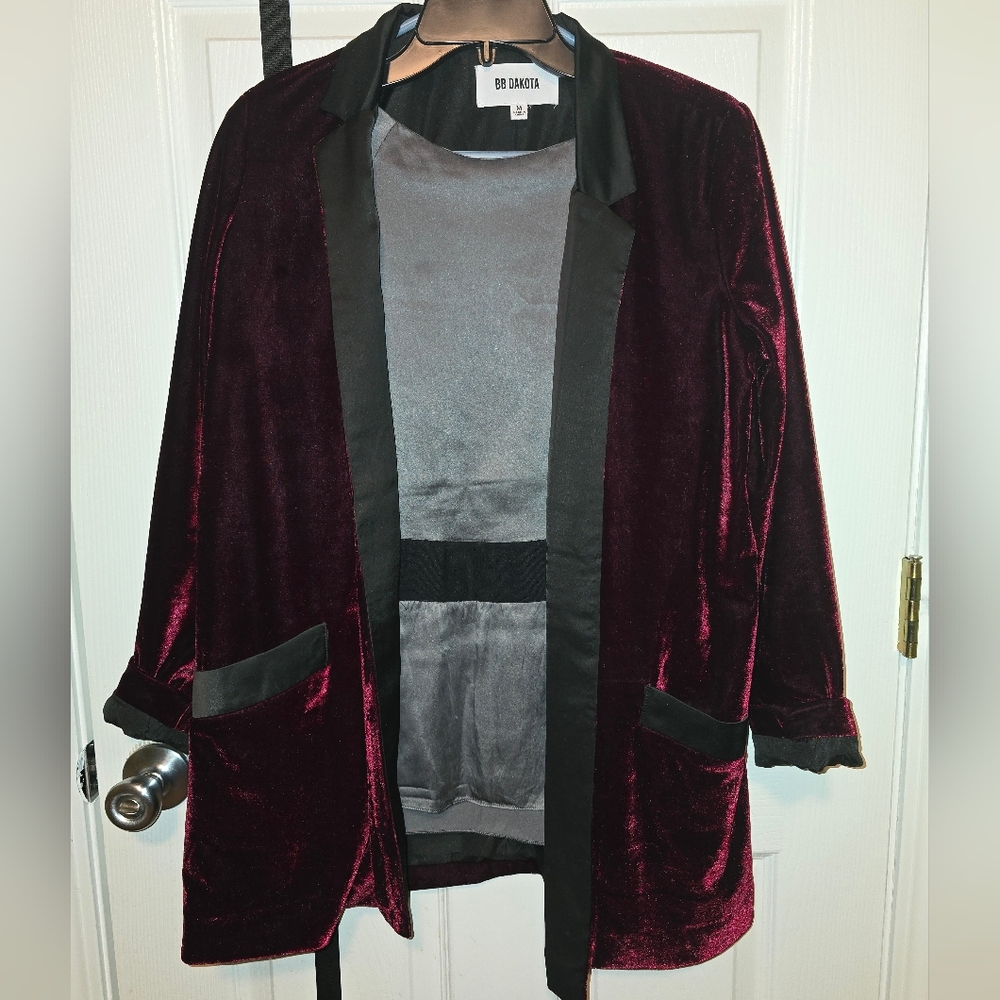 BB Dakota Velvet Burgandy Smoking Jacket Blazer Midnight Paris Medium Open Front - Picture 2 of 10